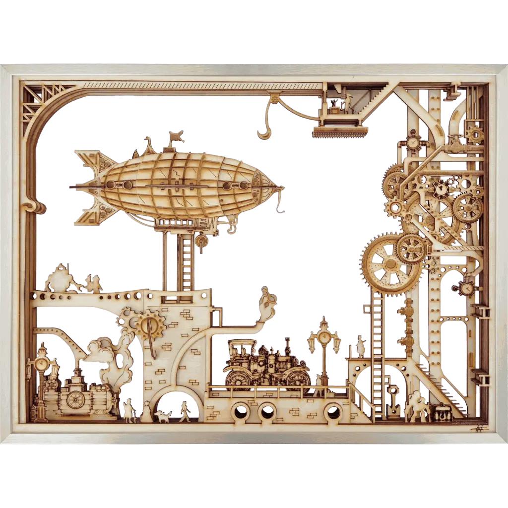 METEM, tableau steampunk, 2025 Photo de l'oeuvre murale en decoupe laser multicouche en bois METEM, sur le thème steampunk, par Arkitorii