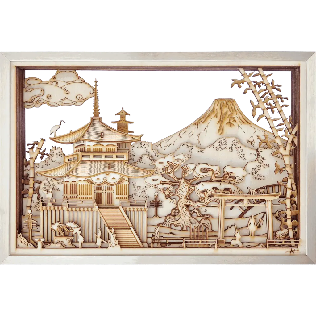 ARIKIRA, tableau Japon, 2025 Oeuvre d'art en bois multicouche découpe laser, avec un cadre en aluminium, sur le thème du japon. Mini architecture & élévation à l'échelle. Réalisation, conception par Arkitorii.