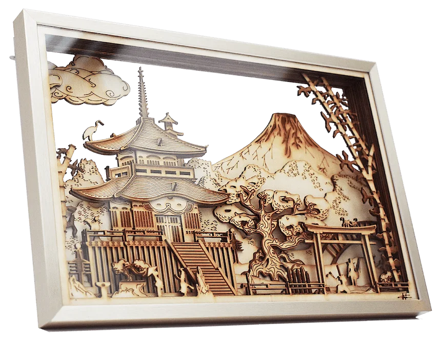 Tableau en bois ARIKIRA ARIKIRA, oeuvre decoupe laser multicouche en bois par Arkitorii sur le thème du Japon. Temple, torii, samourai, gaisha, bonsai, bambous,